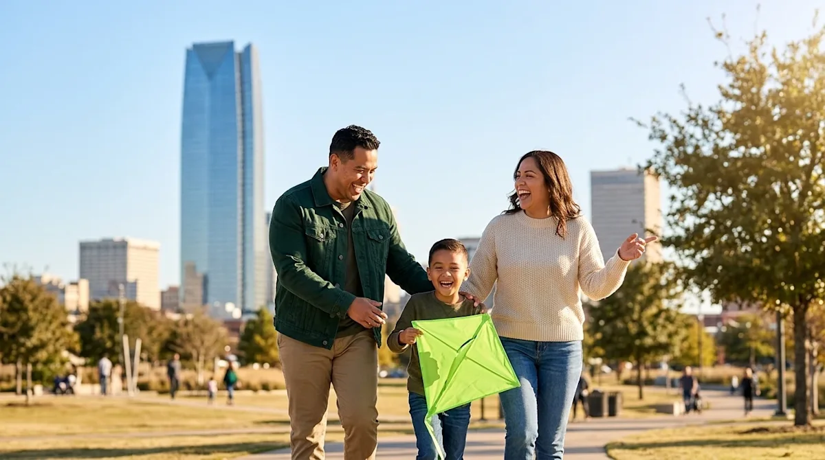 Professional marketing photography of a joyful family enjoying a sunny afternoon exploring Scissortail Park in Oklahoma City.
