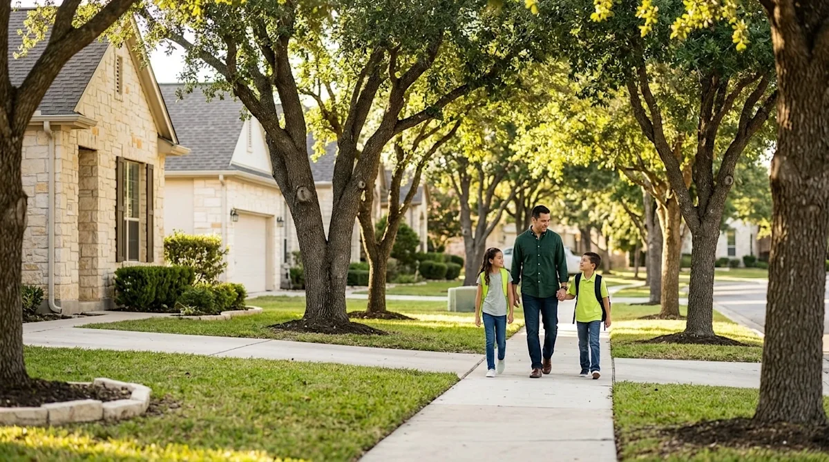 Professional marketing photography of a warm, sunlit suburban neighborhood street in San Antonio, Texas, featuring mature liv