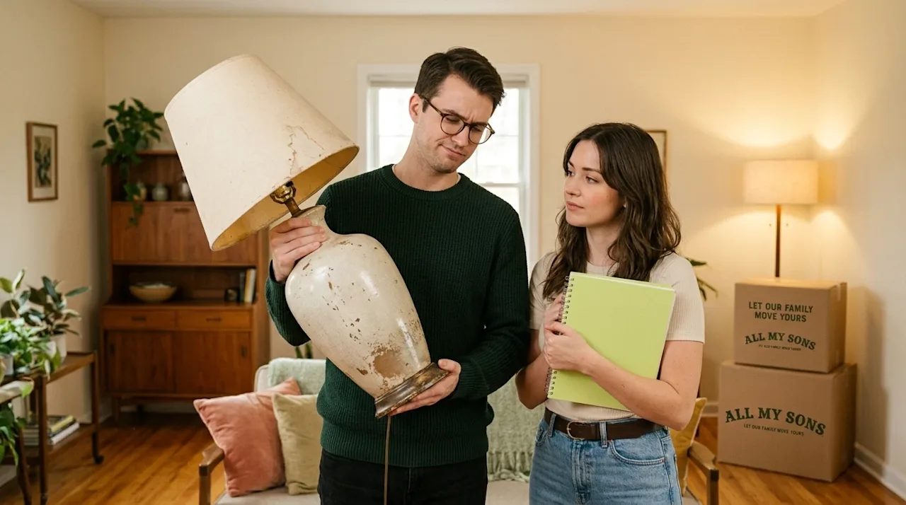 Clear, professional marketing lifestyle photography of a young couple in a warmly lit, retro-inspired living room, deciding w