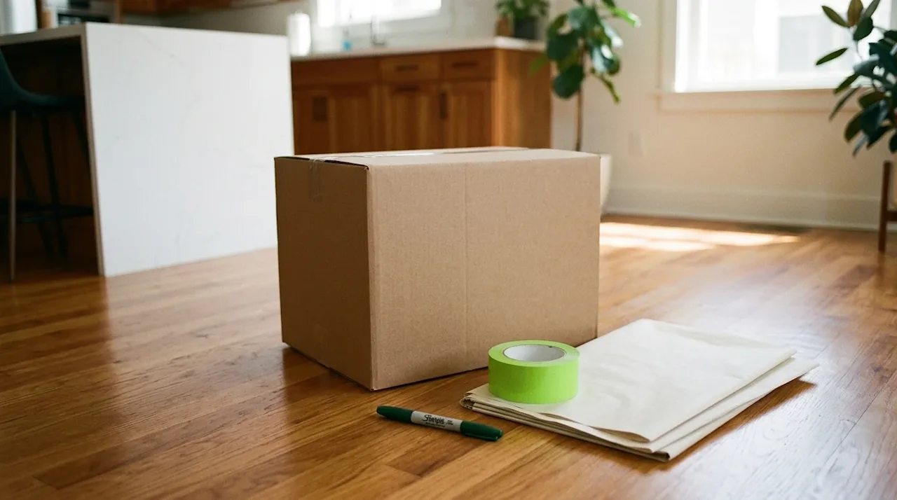 A lifestyle photograph of essential moving supplies thoughtfully arranged on a warm hardwood floor in a sunlit, inviting home