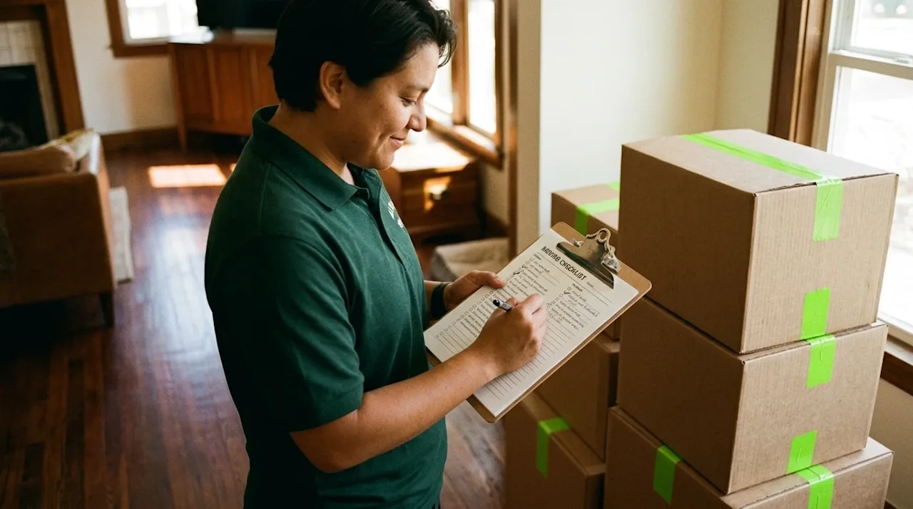 A candid, documentary-style photograph of a person holding a clipboard with a printed moving checklist, standing in a warmly