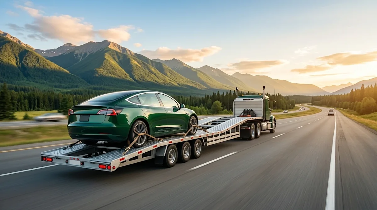 A photorealistic, professional lifestyle photograph showing a vehicle being transported cross-country. A sleek car securely f
