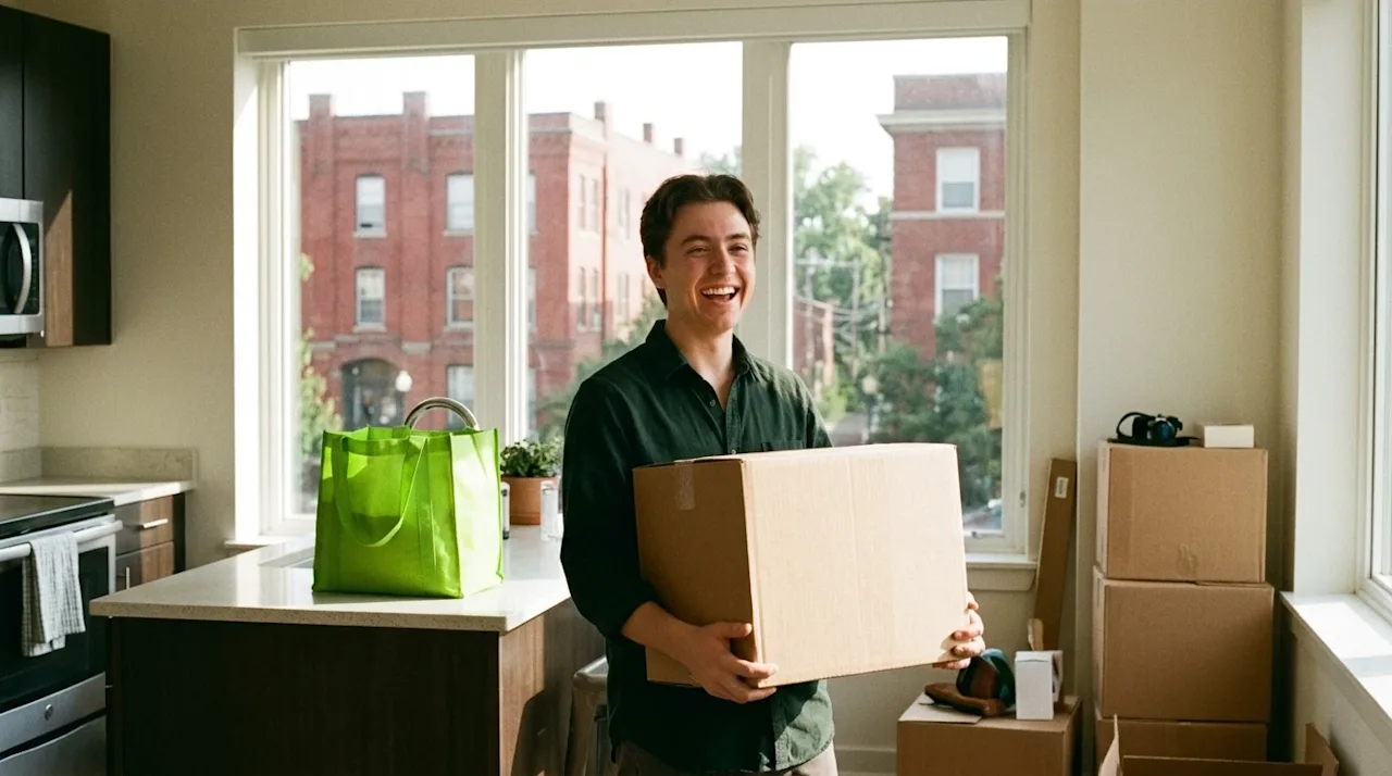 A candid, authentic lifestyle photograph of an excited recent college graduate moving into a new apartment, with classic Colu