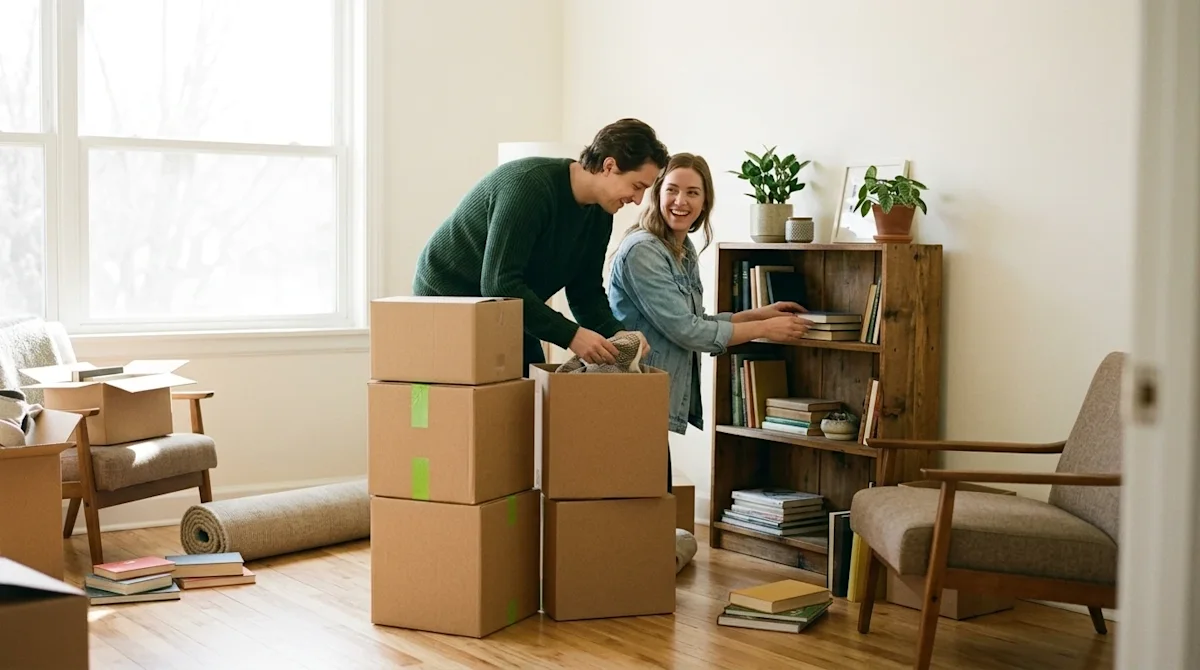 Candid 35mm film photography of a happy couple organizing their new home after a move. The scene takes place in a warm, invit