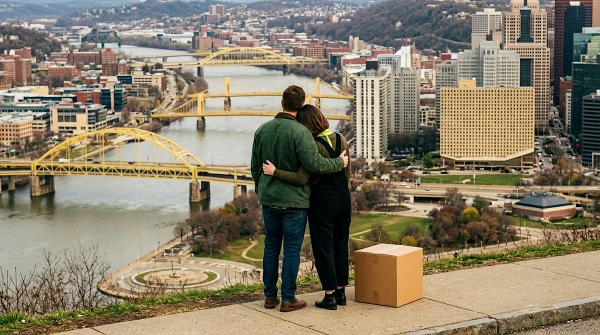 A candid, authentic 35mm lifestyle photograph of a happy couple taking in the view of the iconic Pittsburgh skyline and brigh