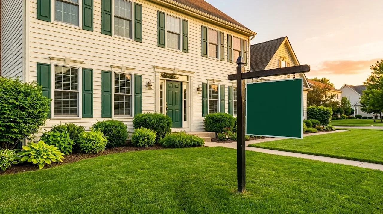 Clear and professional real estate marketing photography of a highly desirable, pristine suburban home bathed in warm, golden