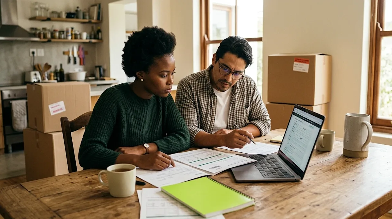 Wide hero shot, photorealistic 35mm film photography. A diverse couple sitting at a wooden dining table in a newly moved-in h