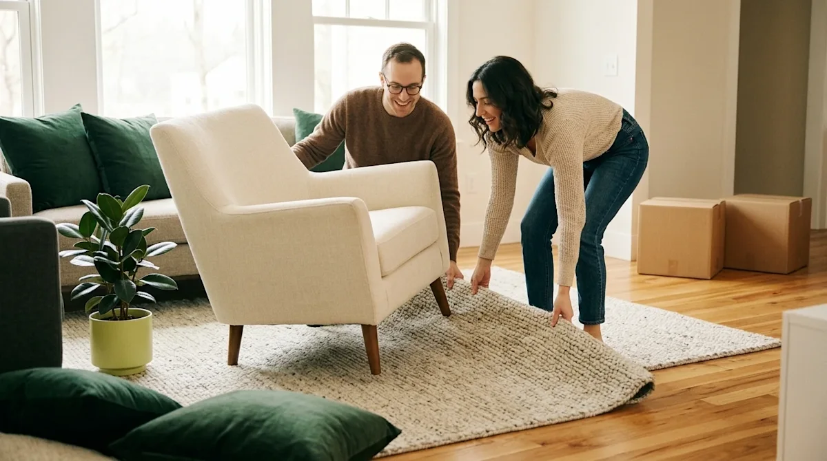 Professional marketing photography of a happy couple playfully arranging a stylish new cream-colored armchair and a cozy area