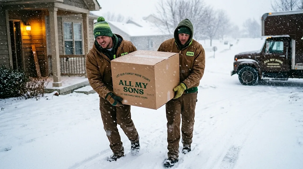 Documentary-style photography of professional movers carrying heavy cardboard boxes down a snow-covered driveway during a har