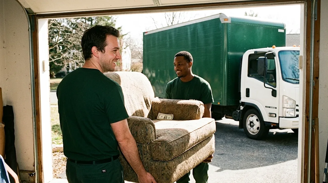 Candid lifestyle photography, 35mm film aesthetic, a professional junk removal team working at a residential home. Two friend