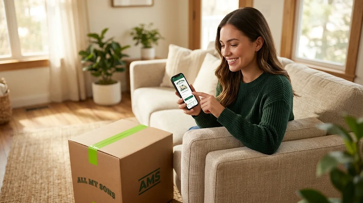 Professional marketing photography of a smiling young woman sitting comfortably in a warmly lit, inviting home living room, l