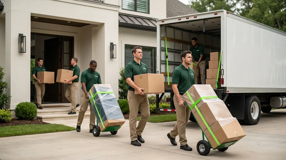 Professional movers in green uniforms efficiently loading boxes onto a truck outside a luxury home