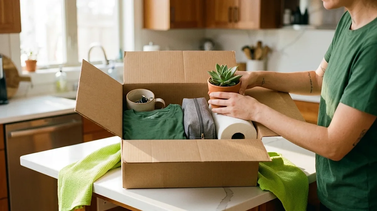 Candid lifestyle photography of an open kraft brown cardboard moving box sitting on a bright kitchen counter. Inside the box