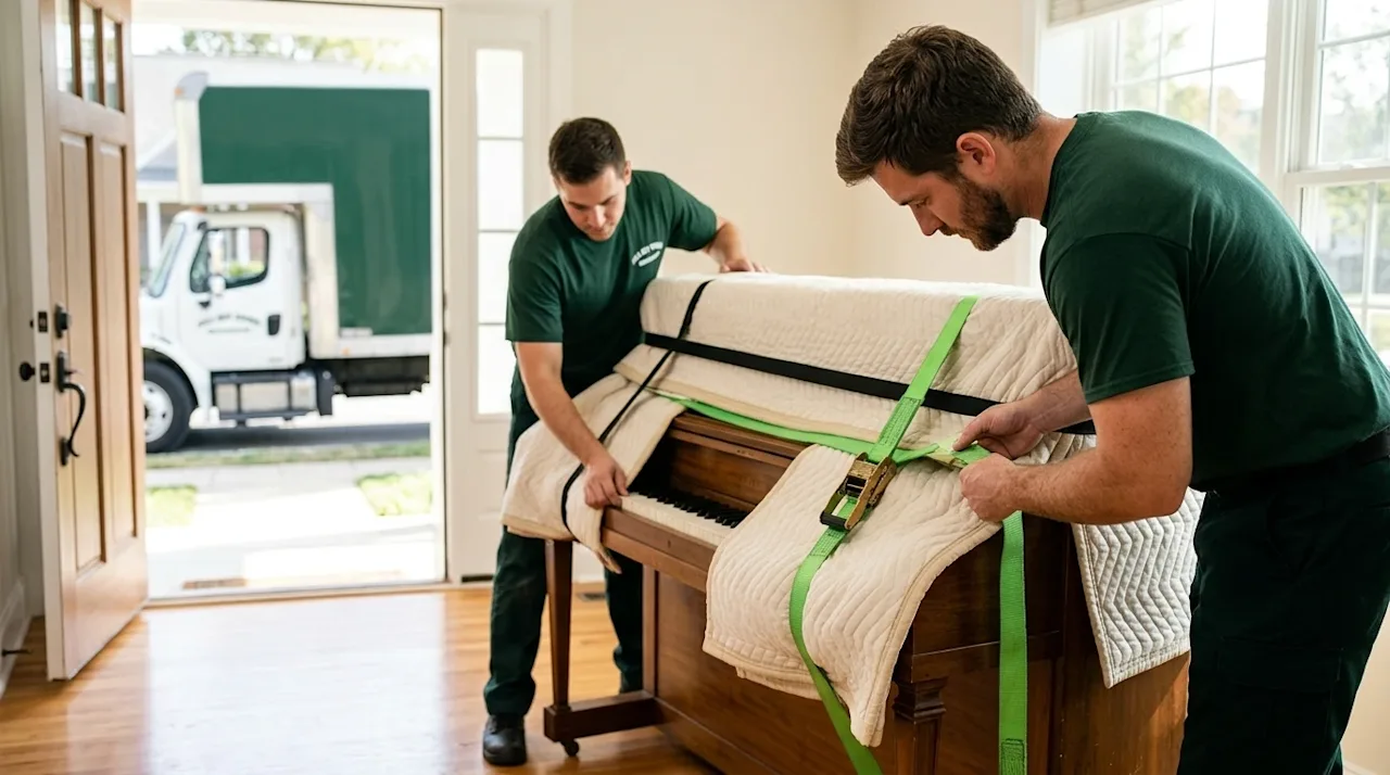 A high-quality lifestyle photograph of two professional movers carefully preparing a beautiful wooden upright piano for a res