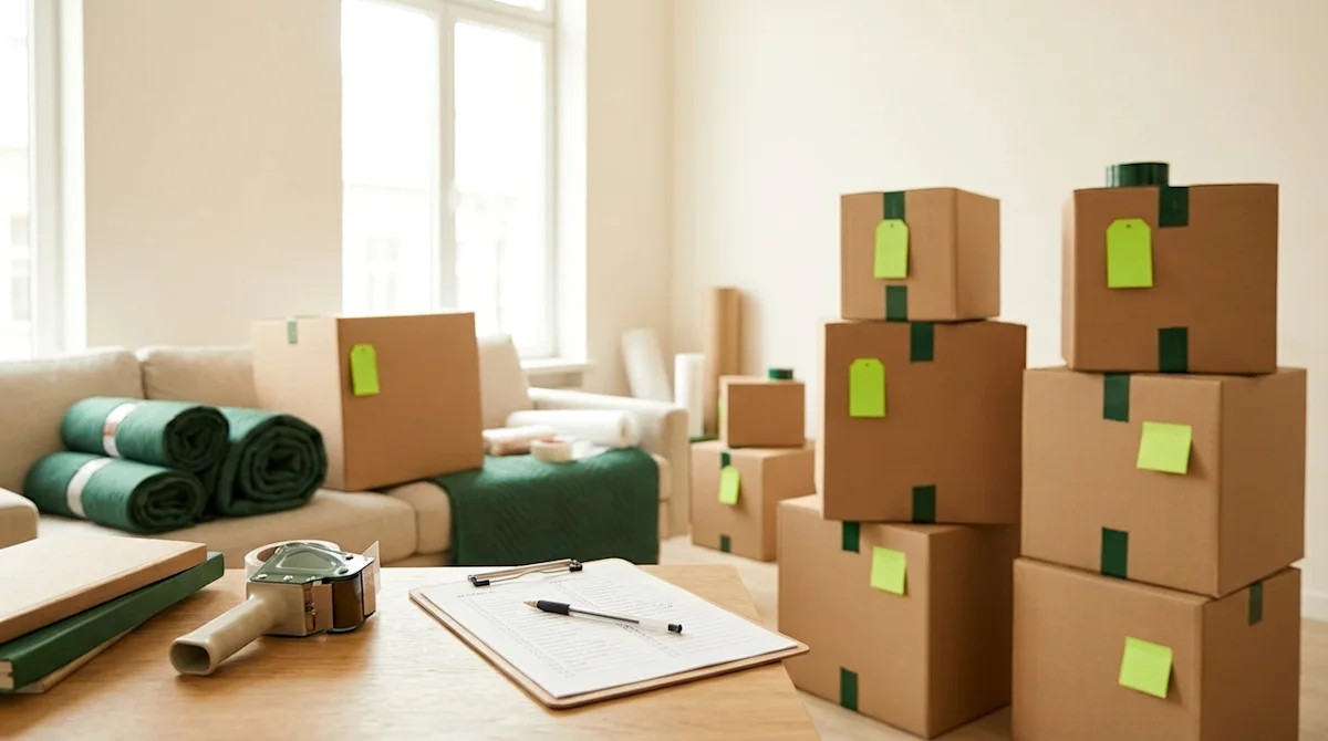 Organized cardboard moving boxes with lime green labels and a checklist on a table in a bright living room.