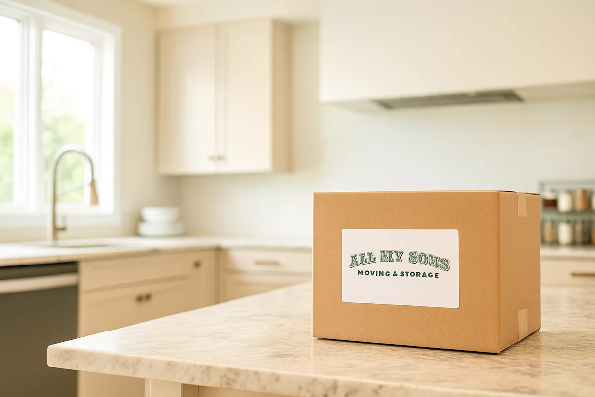 A branded All My Sons Moving & Storage packing box on a bright kitchen counter, ready for your stress-free residential move, local storage, or professional packing service.