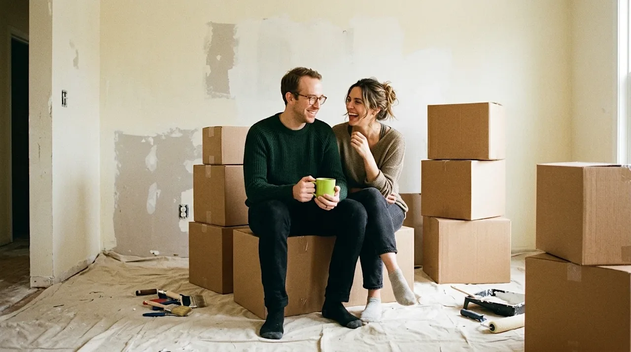 Candid 35mm film photography of a smiling couple taking a relaxed coffee break amidst the chaos of remodeling their new home.