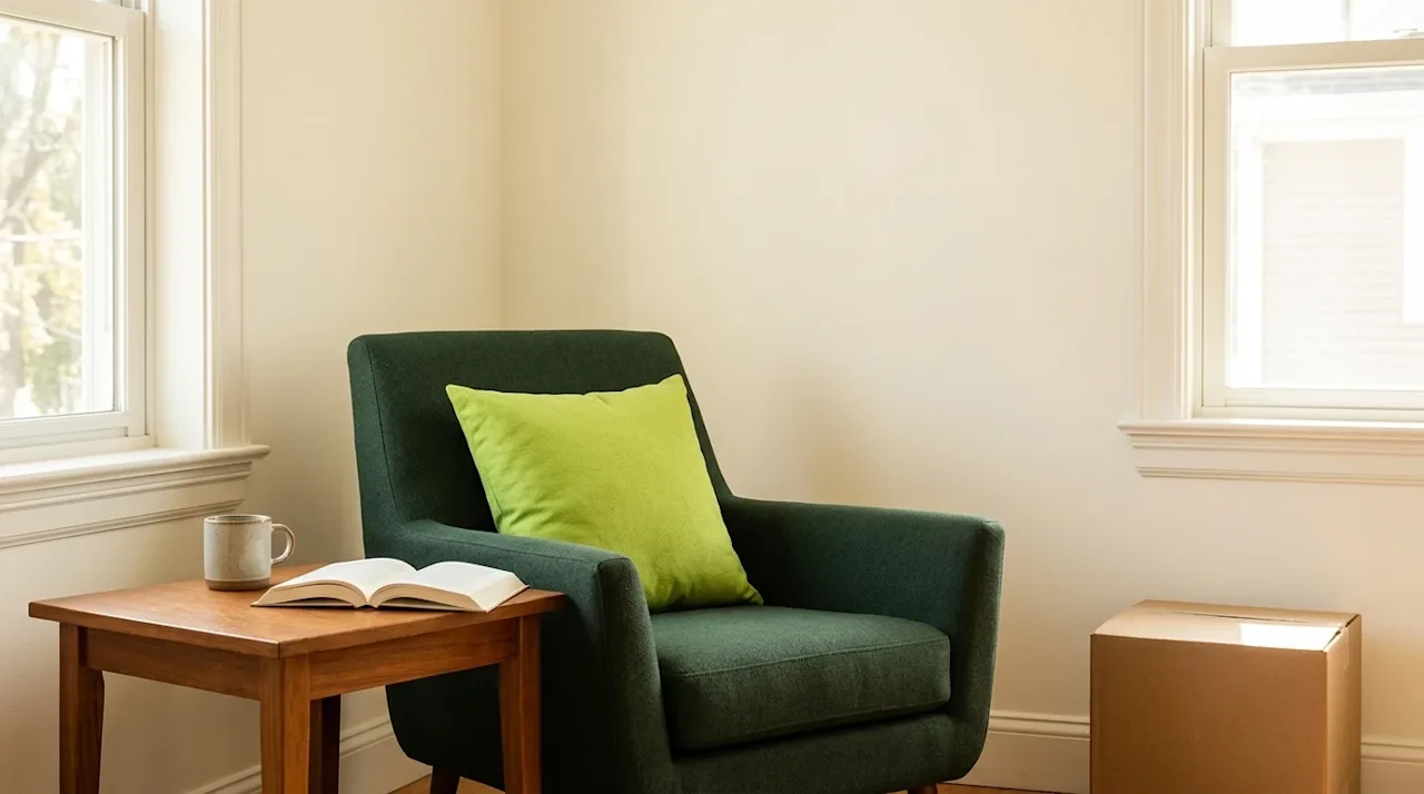 Professional interior marketing photography of a bright, newly organized spare room in a home, transformed into a cozy, purpo