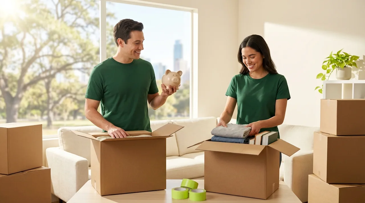 Happy couple in green shirts packing moving boxes in a sunny room, holding a piggy bank to symbolize saving money.