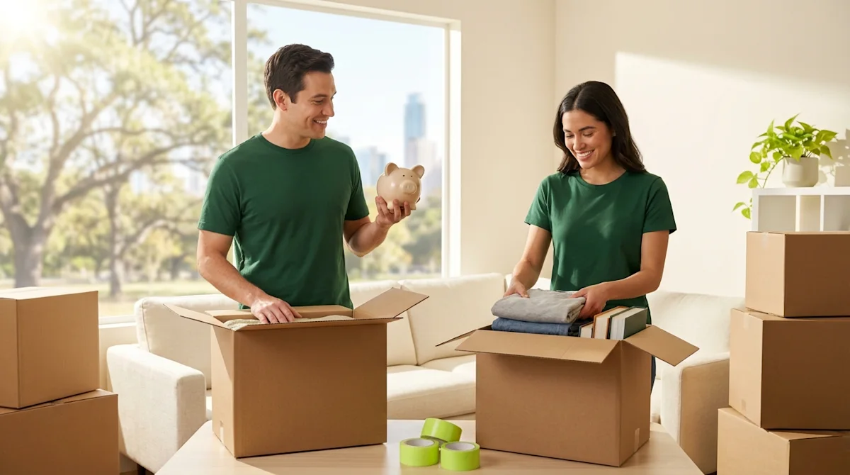 Happy couple in green shirts packing moving boxes in a sunny room, holding a piggy bank to symbolize saving money.