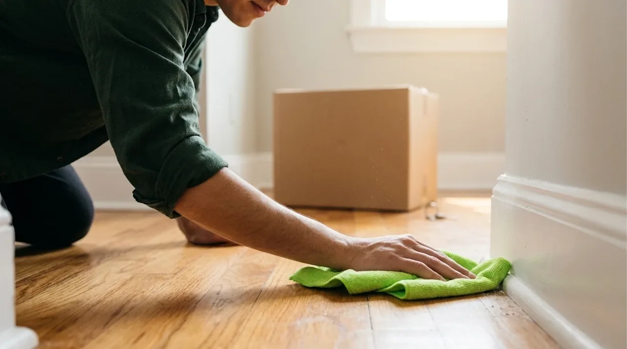 Professional marketing photography of a close-up lifestyle scene: a person kneeling on warm honey-toned hardwood floors, care