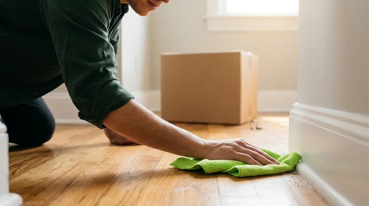 Professional marketing photography of a close-up lifestyle scene: a person kneeling on warm honey-toned hardwood floors, care