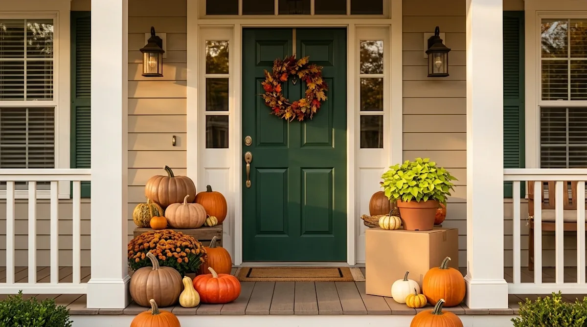 Professional marketing photography of a charming Memphis home exterior beautifully decorated for Thanksgiving. The welcoming