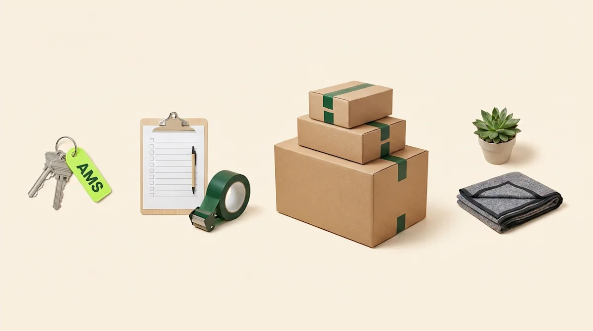 All My Sons moving checklist and stacked boxes in a bright Cherry Hill living room with a couple.