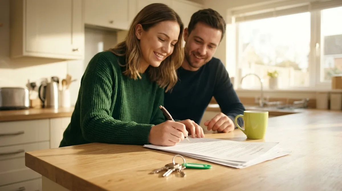 Professional marketing photography of a happy young couple signing real estate closing documents on a bright, natural-wood ki
