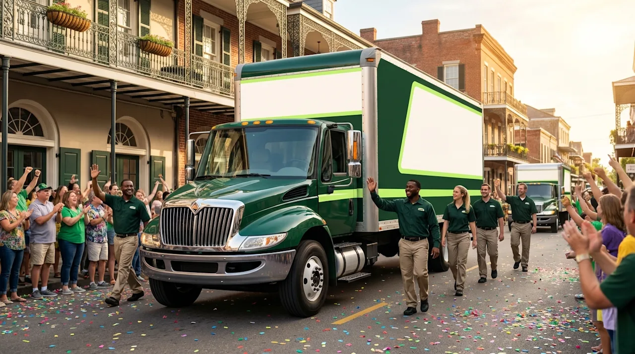 Green moving truck and uniformed movers waving to a crowd during a festive Baton Rouge street parade.