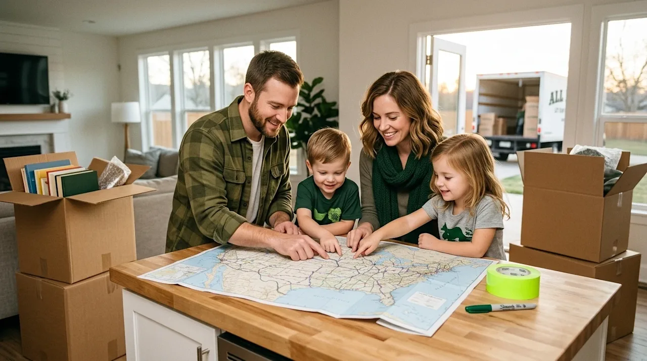 A candid, warm, and inviting photograph of a young family happily packing for a long-distance move in a sunlit, modern living