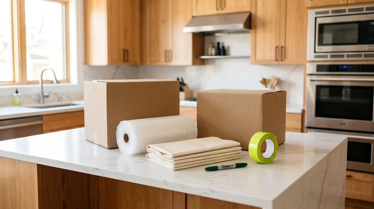 Professional lifestyle marketing photography of various high-quality packing supplies neatly arranged on a clean, modern kitc
