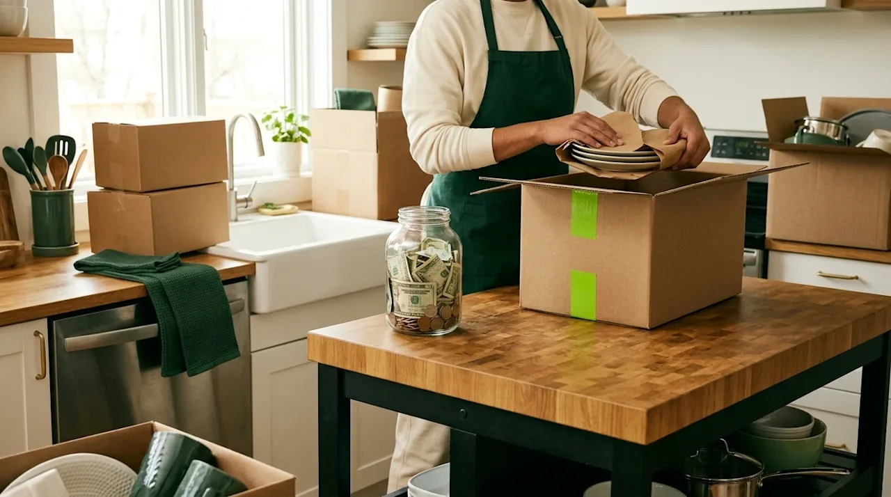 Candid lifestyle photography of a warm, inviting home kitchen being packed up for a move. On the kitchen island, a person is