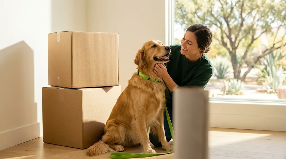 Clear, high-resolution professional marketing photography of a happy, relaxed dog sitting patiently next to two plain, neatly