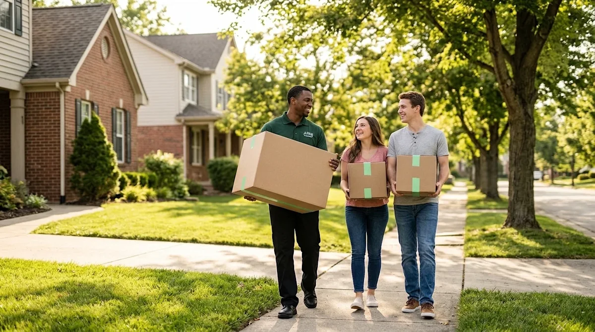 Candid lifestyle photography of a professional mover in a dark green polo shirt helping a happy couple carry kraft brown movi