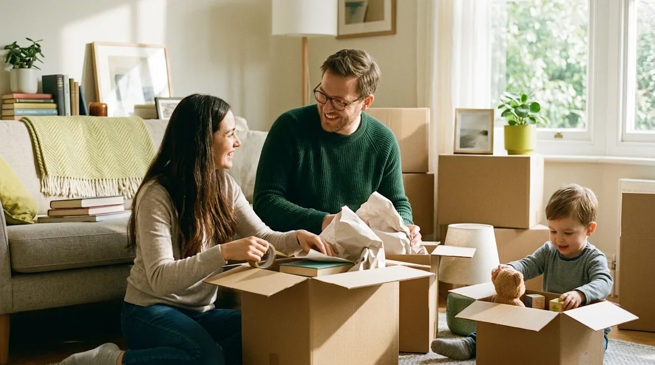Authentic, candid lifestyle photography of a happy family working together to pack their home for a move, suitable for a blog