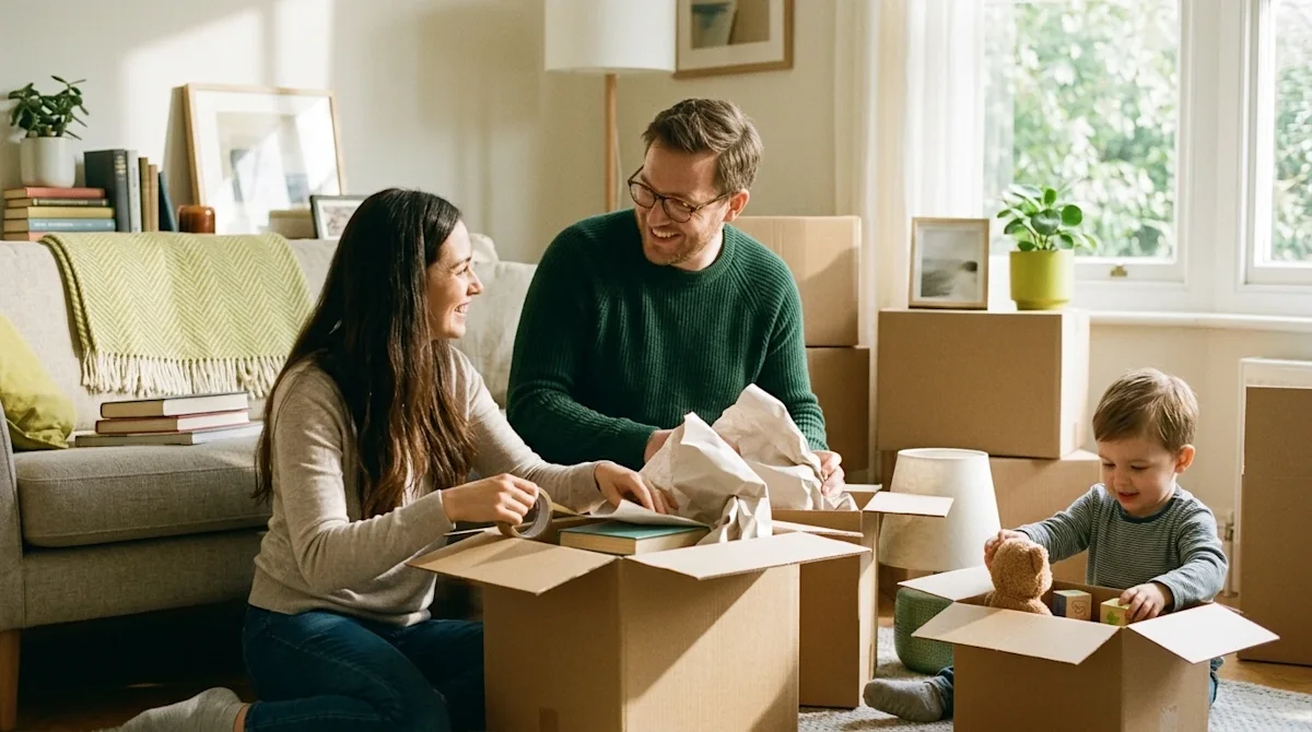Authentic, candid lifestyle photography of a happy family working together to pack their home for a move, suitable for a blog
