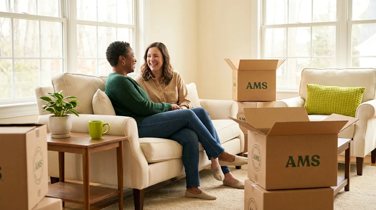 Two happy women sitting on a beige sofa talking amidst open moving boxes in a sunlit living room.