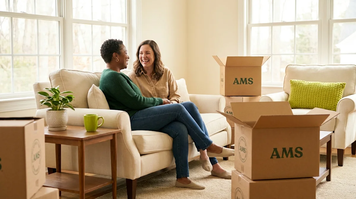 Two happy women sitting on a beige sofa talking amidst open moving boxes in a sunlit living room.