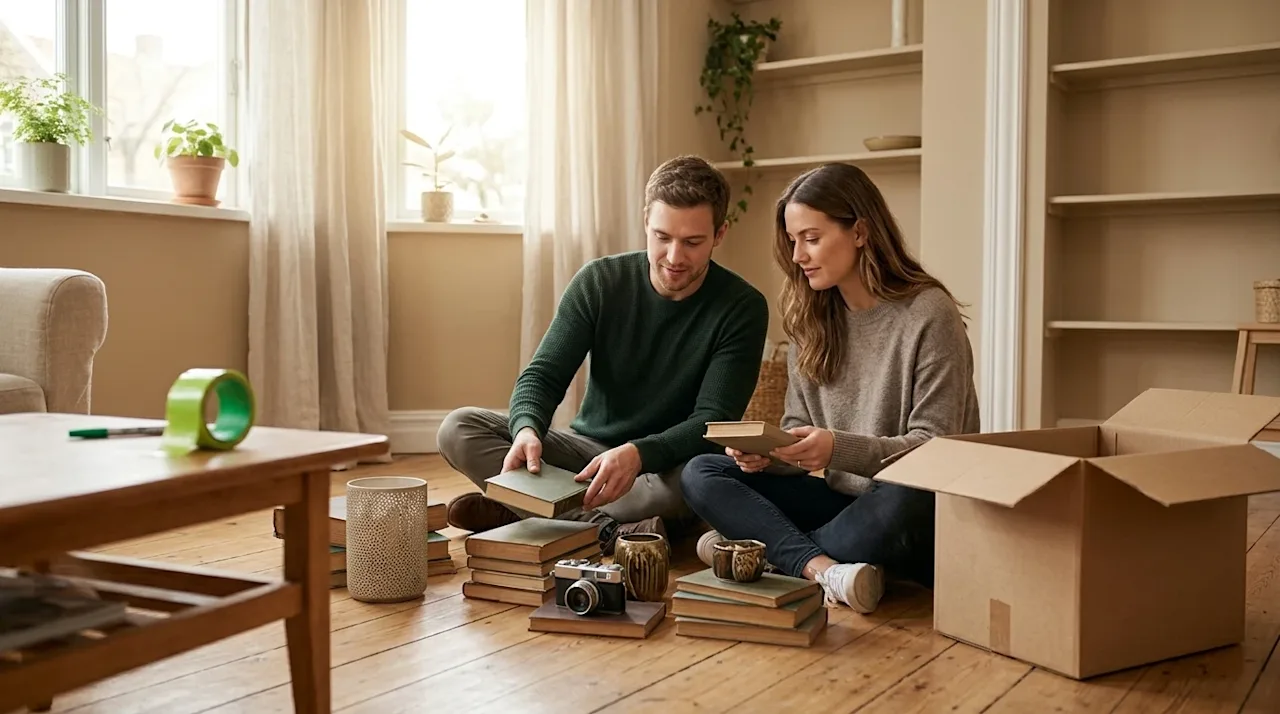 Clear, professional lifestyle marketing photography. A thoughtful couple in their bright, warm living room, actively declutte