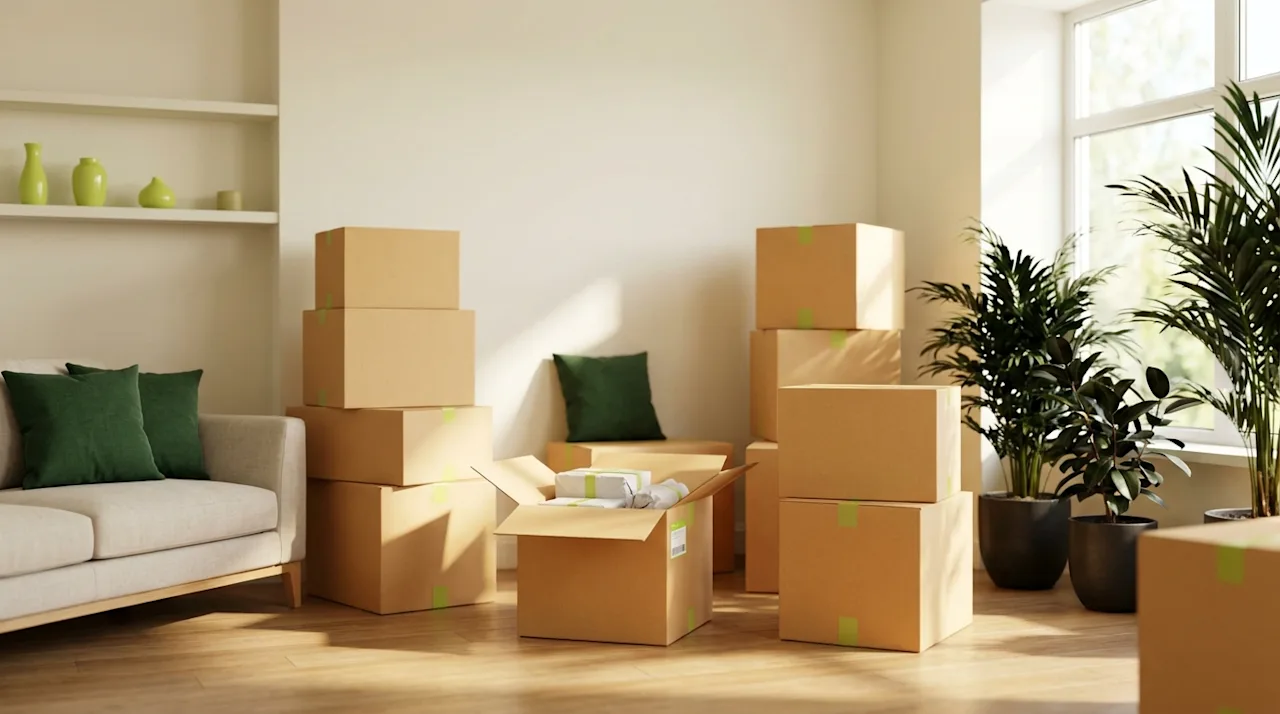 Sunlit living room with stacked moving boxes and green décor, illustrating a clean and organized home downsizing process.