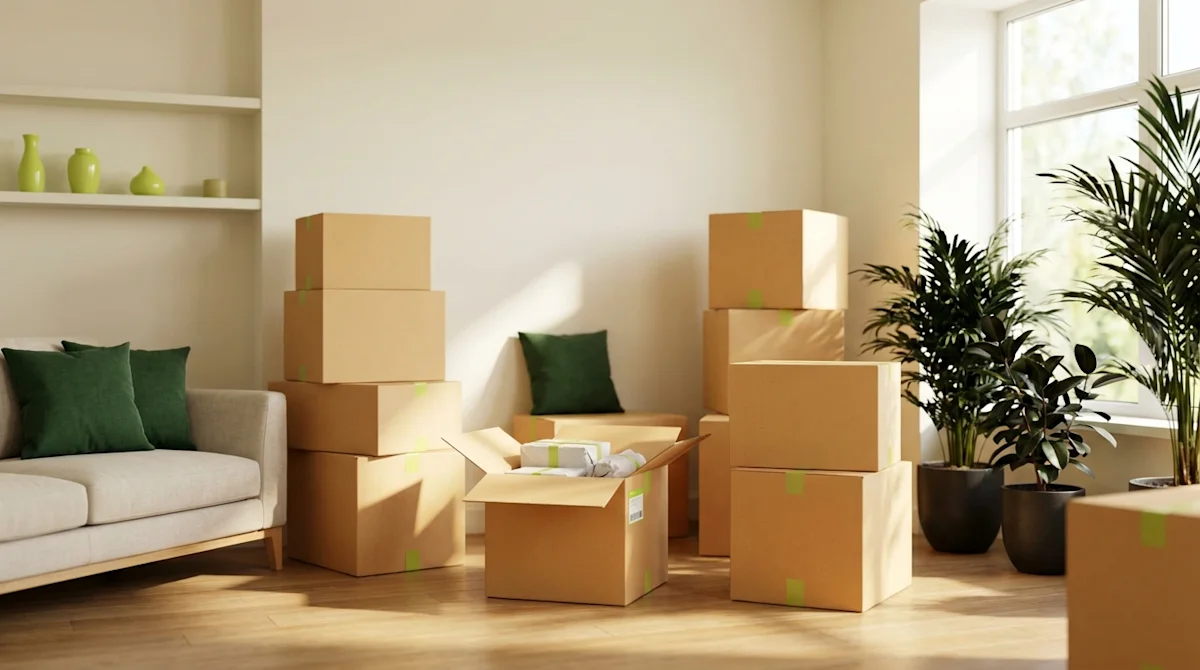 Sunlit living room with stacked moving boxes and green décor, illustrating a clean and organized home downsizing process.