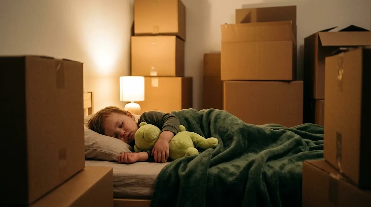 A candid 35mm film photography shot of a peaceful toddler sleeping soundly in a cozy bed. The bedroom is filled with neatly s