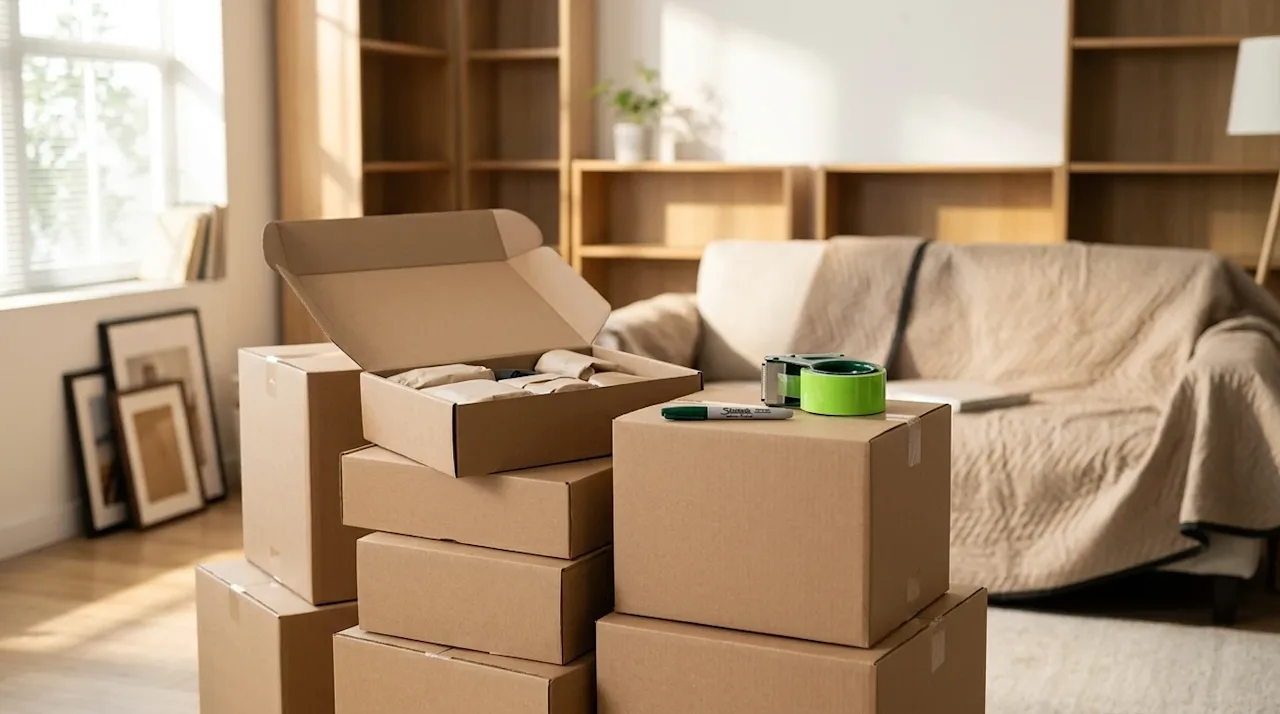 A photorealistic lifestyle photograph of a bright, naturally lit living room in the process of being packed for a move. In th