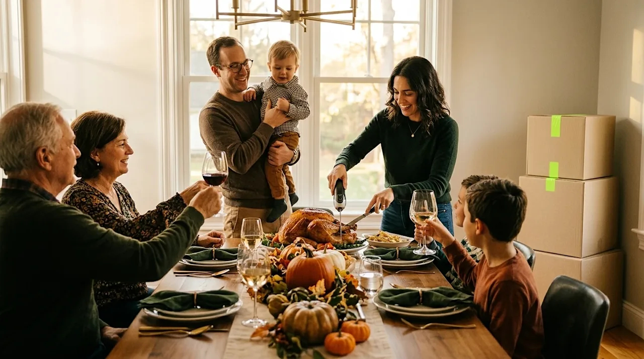 Professional lifestyle marketing photography of a happy family gathered around a wooden dining table in their new home, celeb