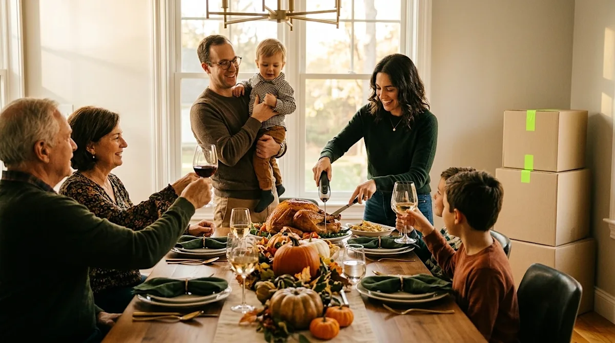 Professional lifestyle marketing photography of a happy family gathered around a wooden dining table in their new home, celeb
