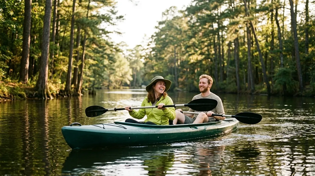 Candid lifestyle photography of a happy couple enjoying a sunny afternoon kayaking down a scenic waterway lined with tall lus