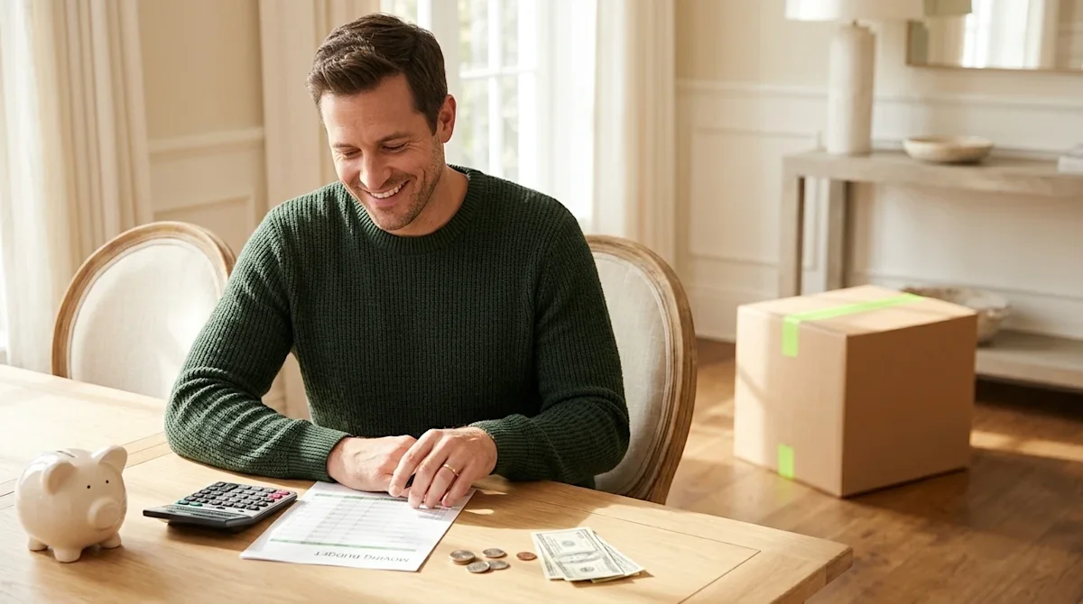 Professional marketing photography, a smiling homeowner sitting at a sunlit dining table in an elegant, inviting home, confid