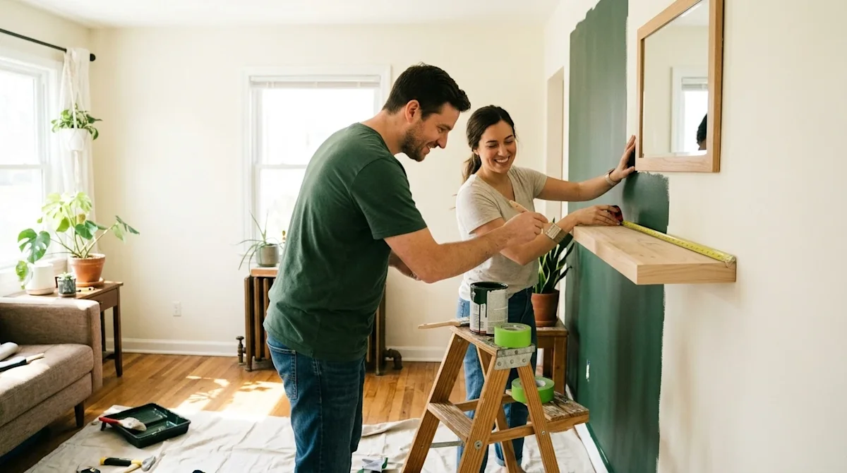 A candid, relatable lifestyle photograph of a cheerful couple working together on a DIY home improvement project in a brightl