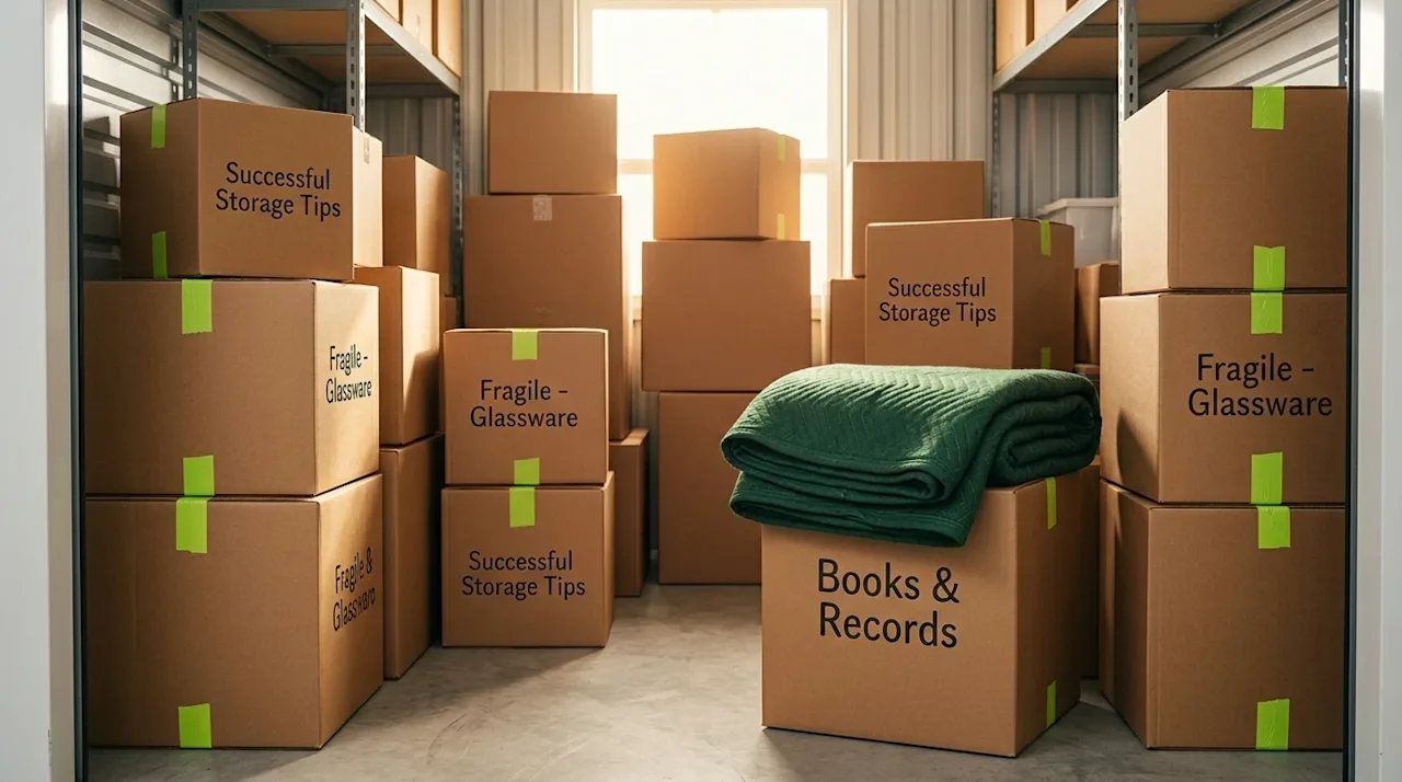 A high-quality, photorealistic lifestyle photograph illustrating successful storage tips, set inside a clean, brightly lit st